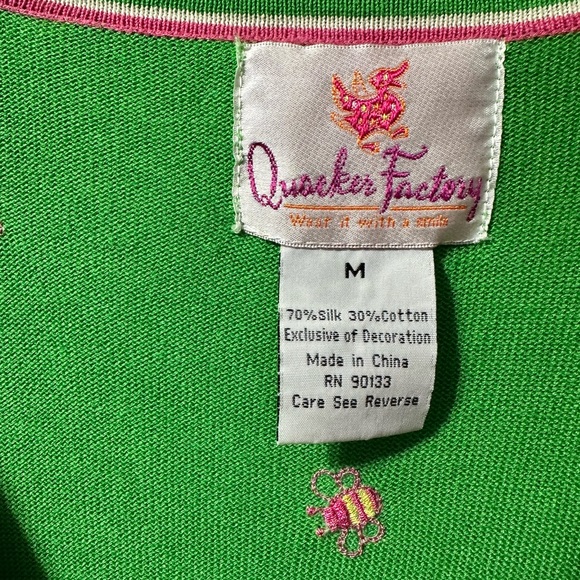 Quaker Factory silk bright green V-neck bumblebee cardigan with pink detail med - Picture 9 of 16